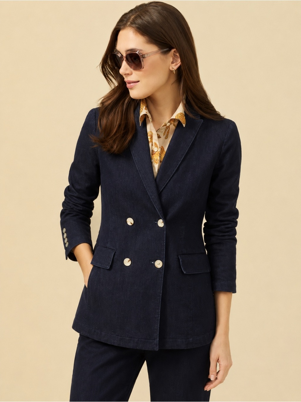 J. McLaughlin Navy Denim Double-Breasted Blazer – Size 8